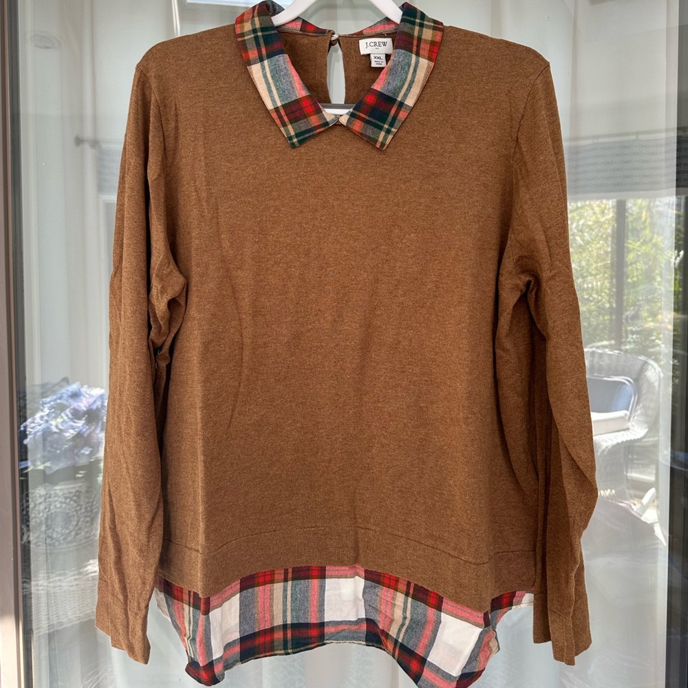 J. Crew Brown Knit with Red Plaid Accent Collar